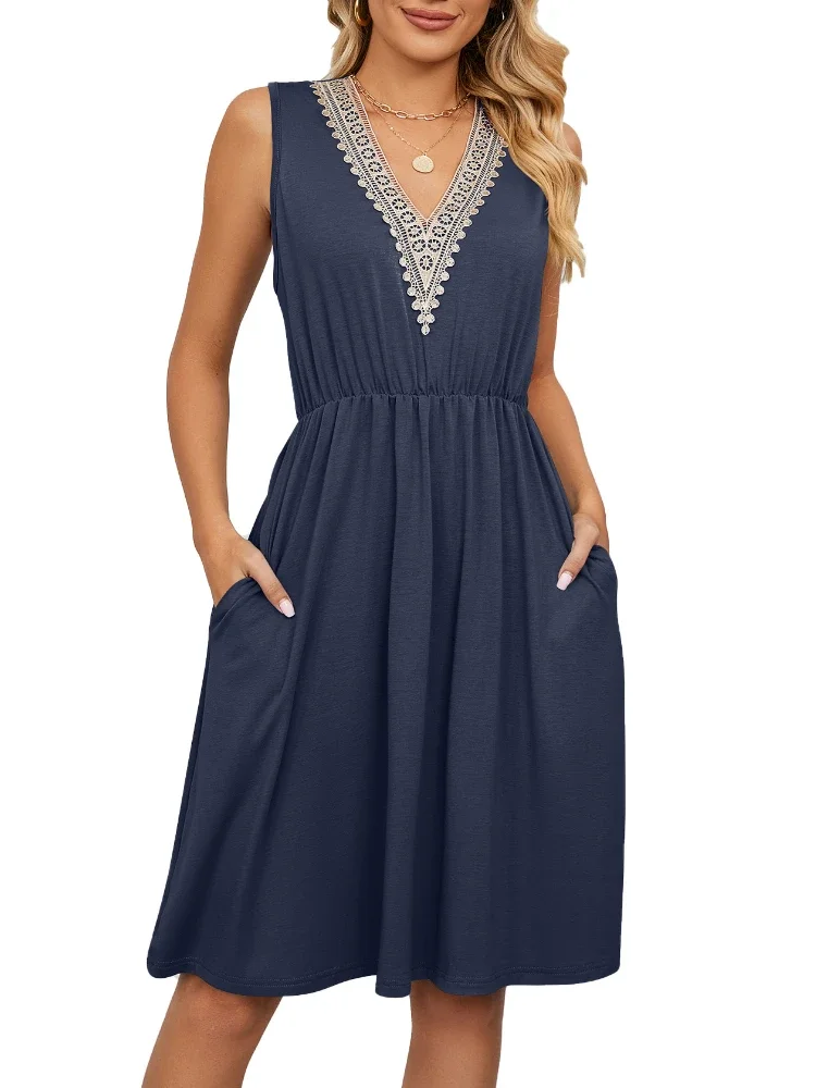 

Women's Sleeveless V Neck Solid Pocket Dress