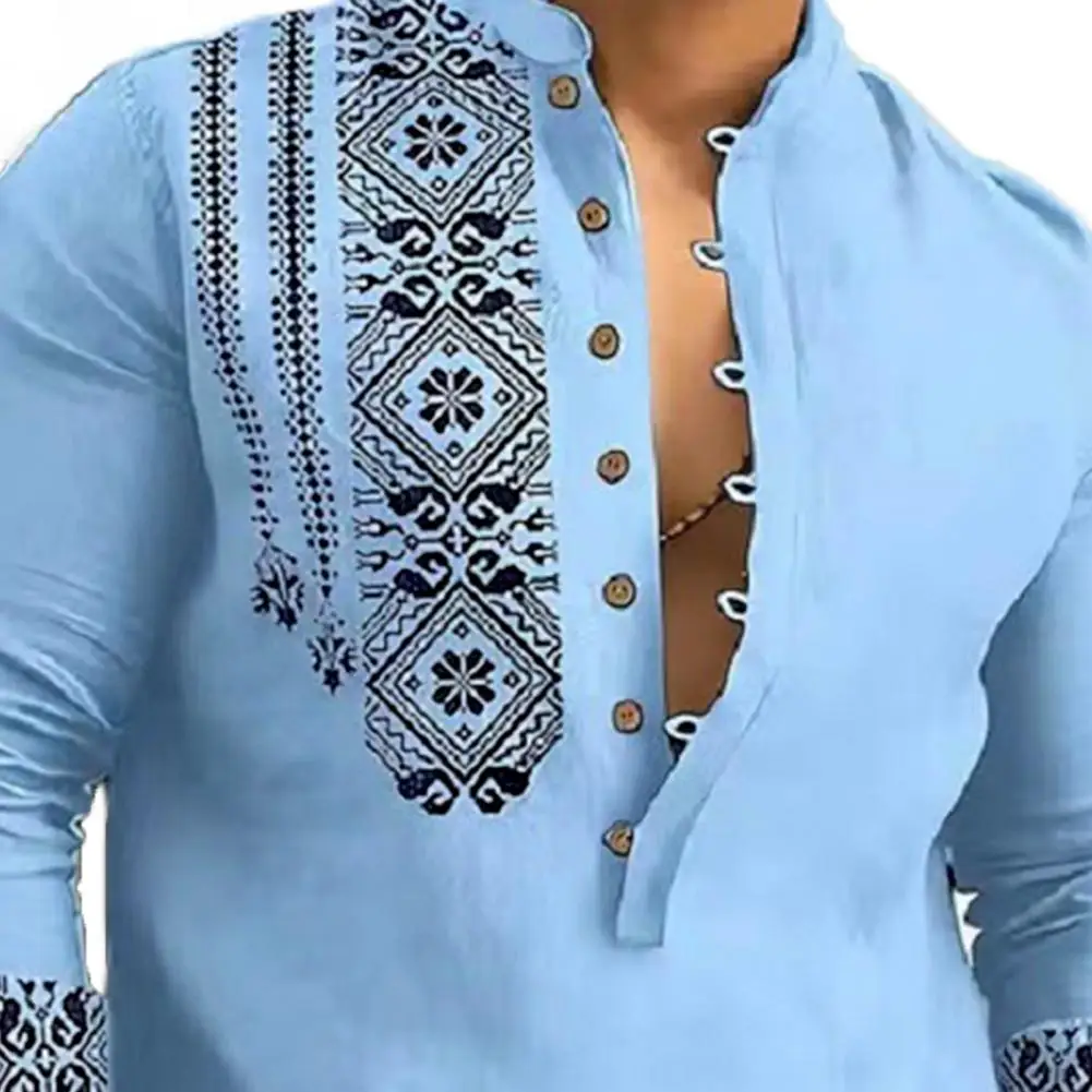 Ethnic Style Men Fall Spring Shirt Vintage Print Half Single-breasted Men Shirt Slim Fit Soft Breathable Men Casual Office Top