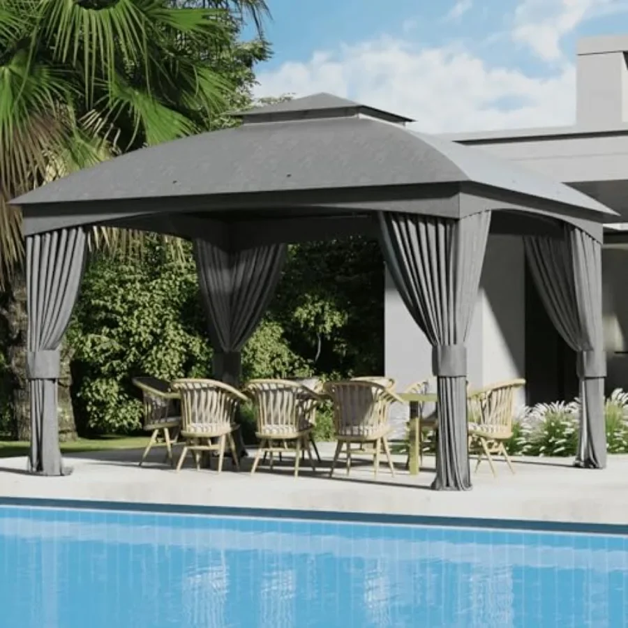 Heavy Duty Gazebo, Feet Outdoor Patio Pavilion with Galvanized Steel Metal Frame and Double Roof, Curtain and Netting Included,