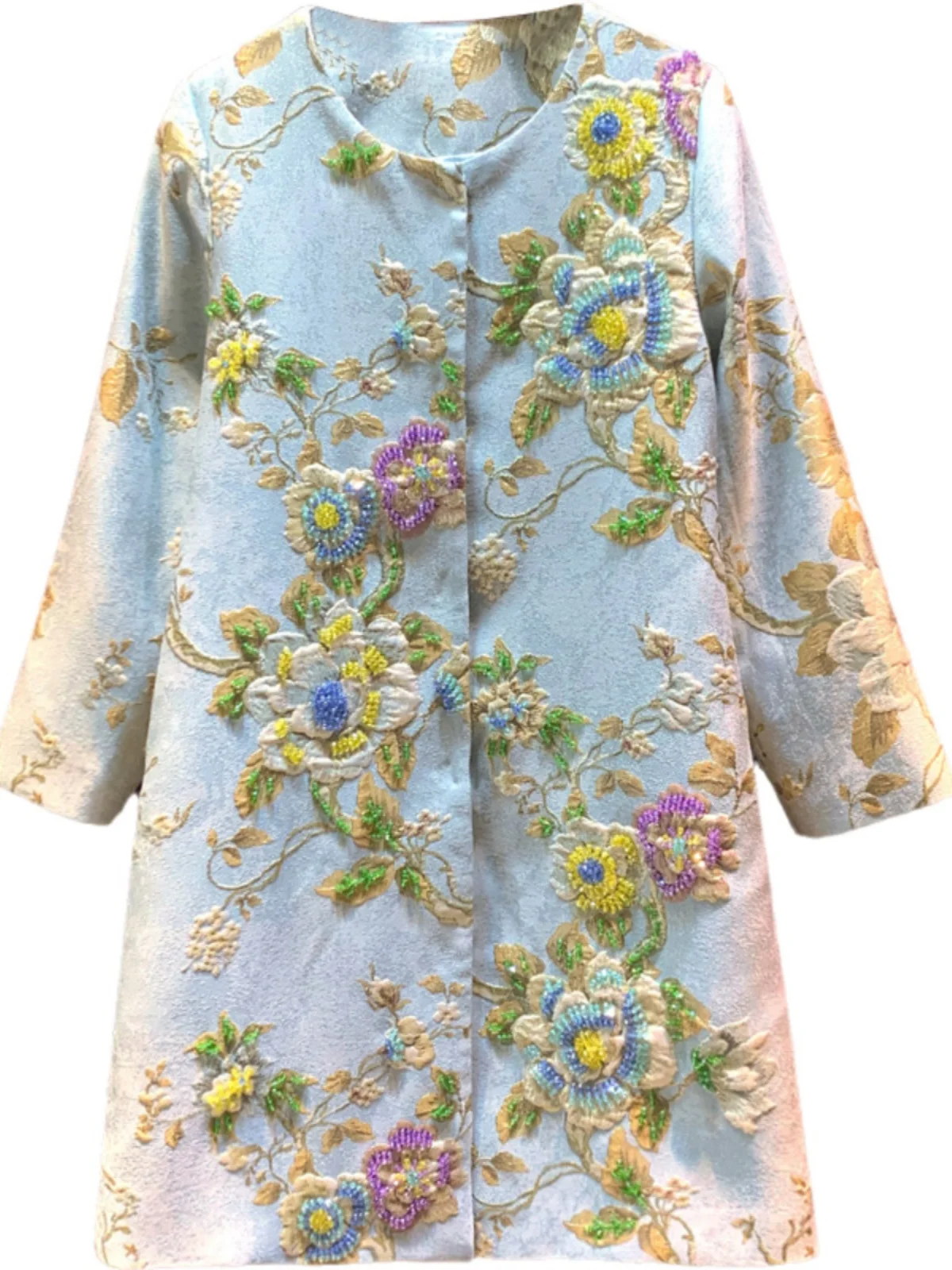 

Luxury Lady Vintage Autumn Embroidery Jacket Women Floral Beading Long Coat Covered Button Outwear Trench O-neck