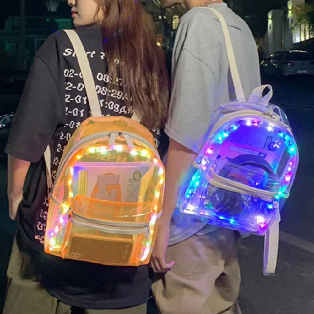 

Large Capacity LED Lights Schoolbag Waterproof Zipper Close PVC Transparent Backpack Multi-functional Adjustable Straps