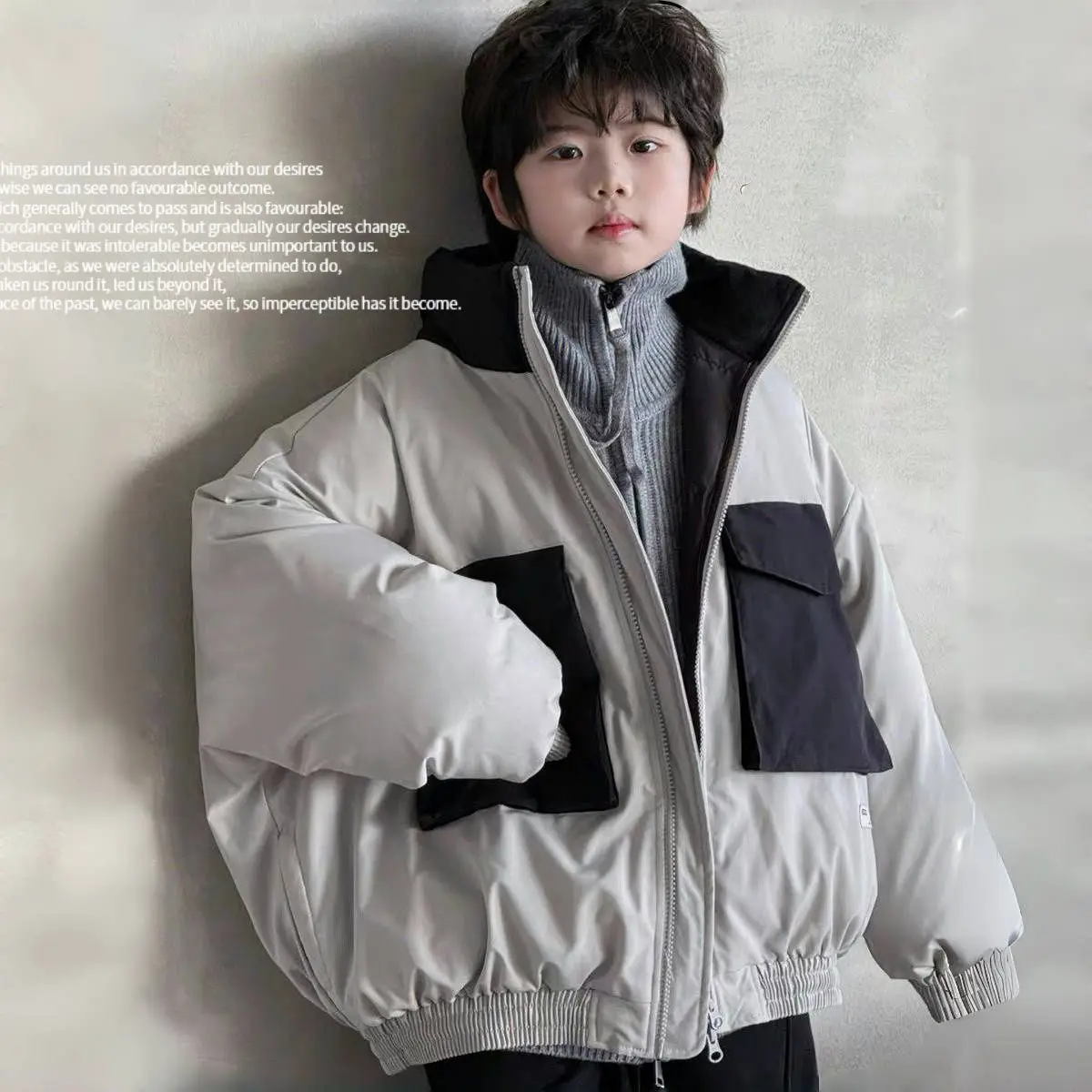 Childrens Cotton Clothes Winter Boys Gray Zipper Bread Packet Jacket Coat Warm Thicken Kids Outerwear Handsome Snow Coat