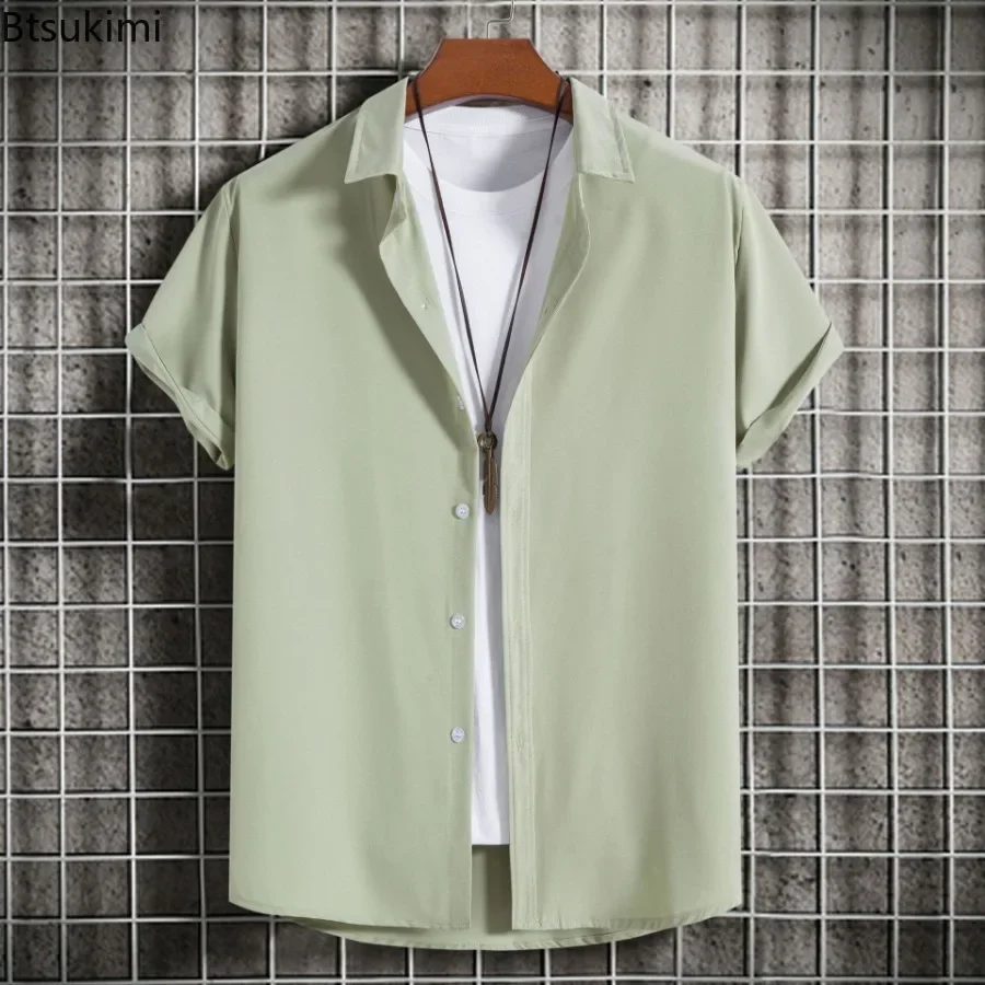 New Short Sleeve Shirts for Men Fashion Solid Casual Lapel Cardigan Tops Men Comfort Single-breasted Blouse Summer Beach Shirts