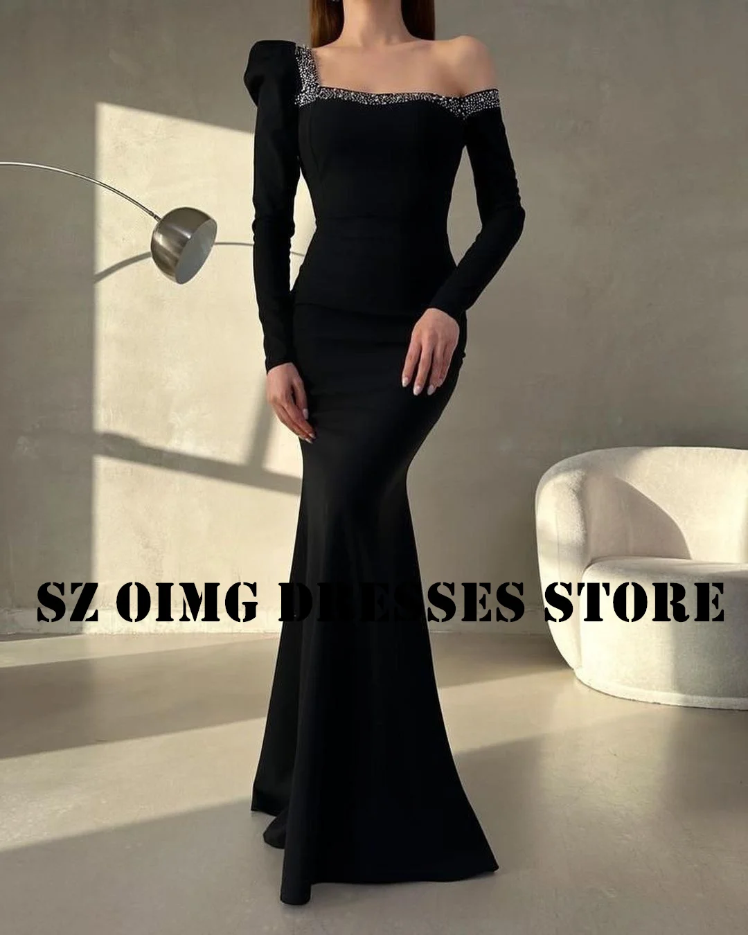 

OIMG New Design One Shoulder Ruched Beading Prom Dresses Arabic Women Long Sleeve Satin Mermaid Evening Gowns Formal Party Dress