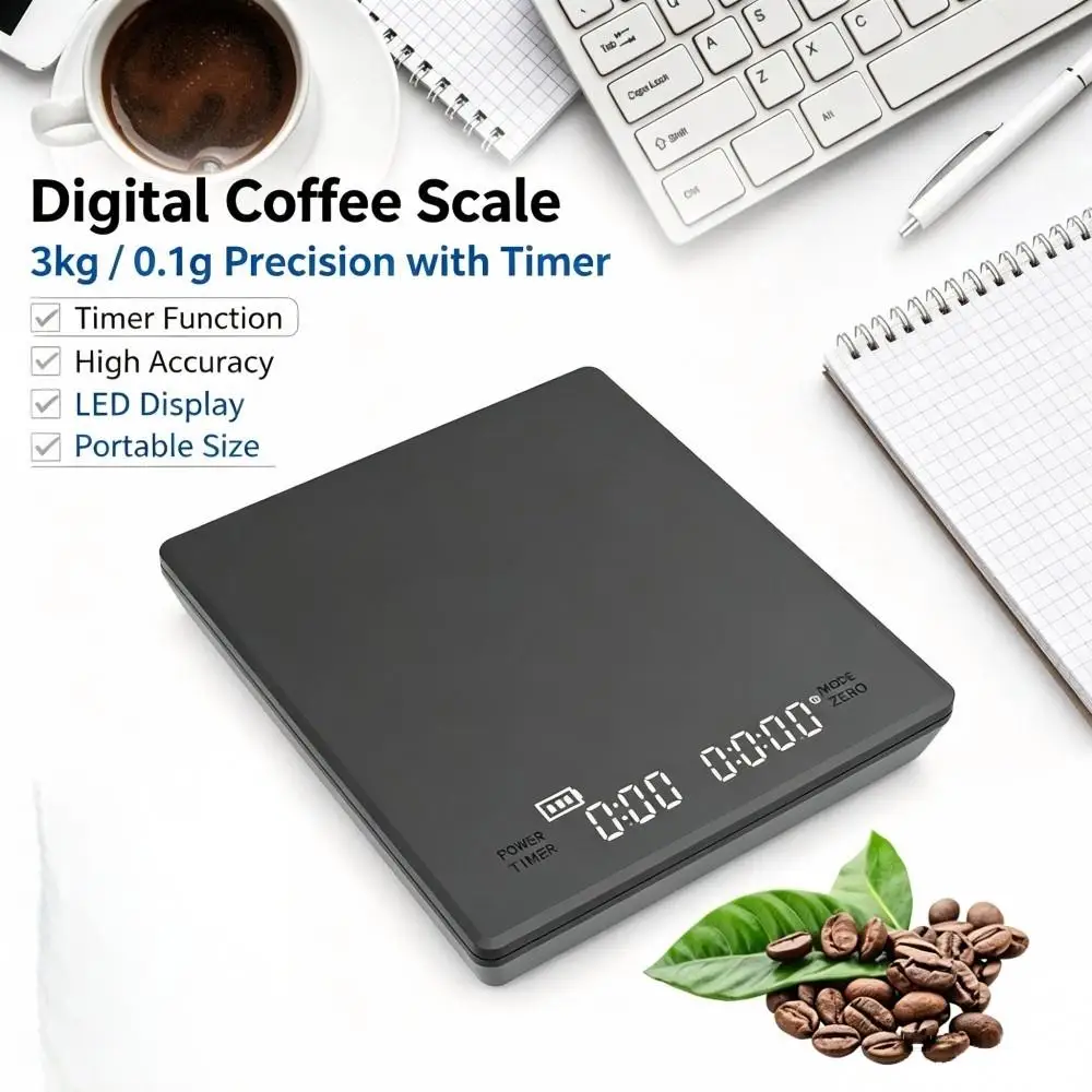 3KG 0.1g Precision Coffee Weighing Scale,Sleek Touch‑Sensitive Digital Kitchen Scale with Timer Function for Home & Coffee Shop