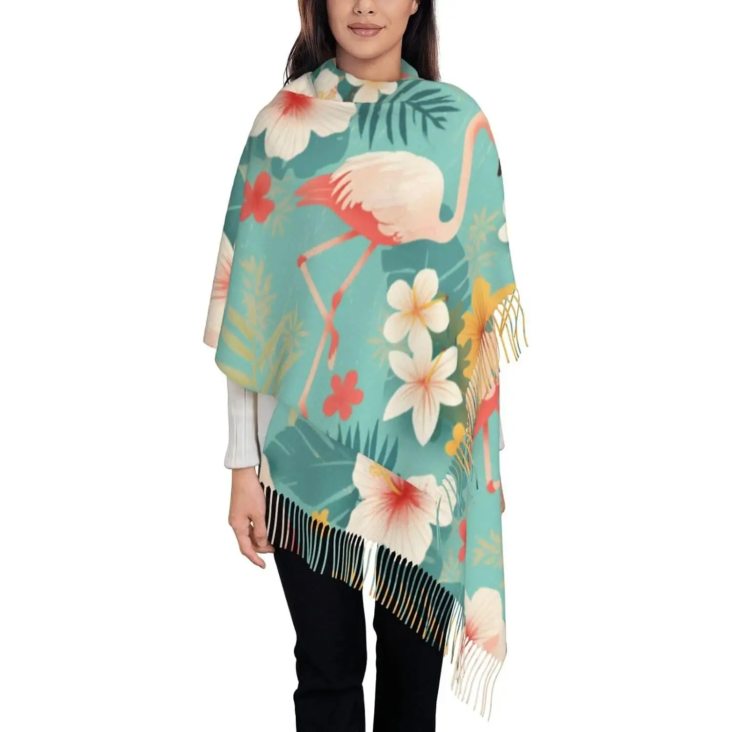 

Зимний мягкий шарф с фламинго, розовые цветы, женские теплые шали, зеленые тропические листья, уютный шарф с кисточками