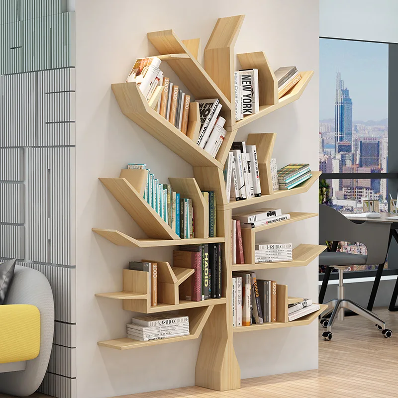 Creative solid wood art tree-shaped bookshelf shelf floor-to-ceiling living room bedroom wall decorative shelf personalized