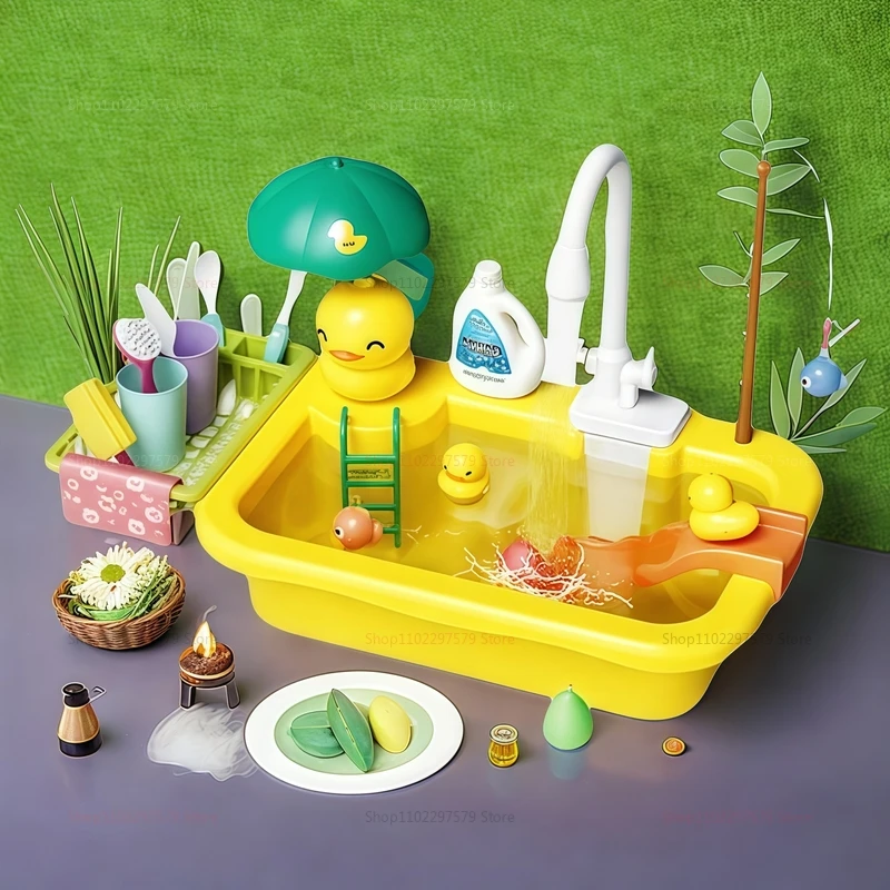 Kids Kitchen Sink Duck Toy Electric Dishwasher Play Set With Running Water Pretend Food Fisher Role Play Gift For Girls And Boys
