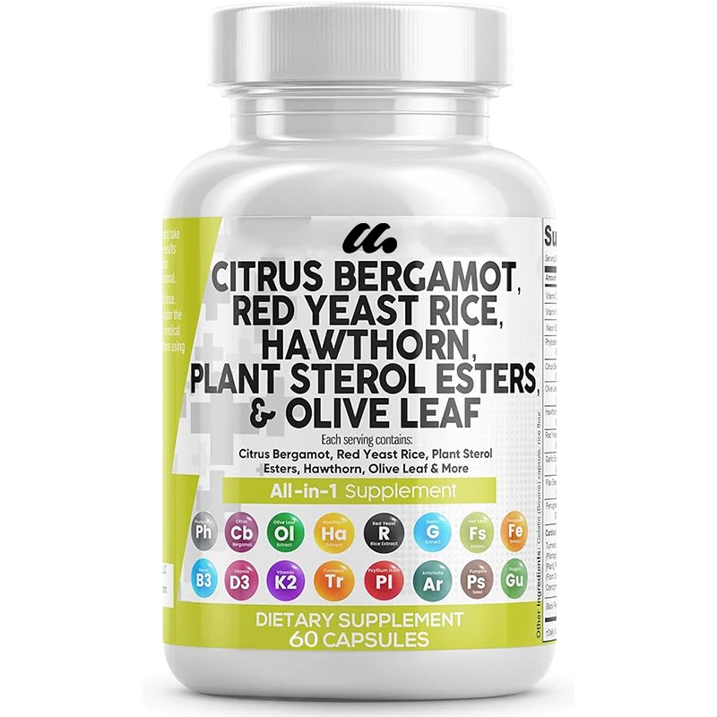 Citrus bergamot and red yeast rice capsules contain plant sterols,hawthorn extract,olive leaf niacin, vitamin K3, D3-60 capsules