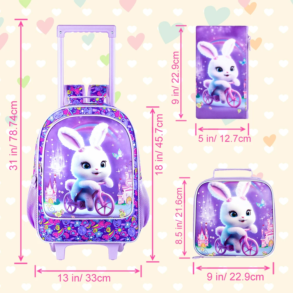 3PCS Rolling Backpack for Girls, Kids Roller Wheels Bookbag, Wheeled Elementary School Bag with Lunch Bag - Rabbit