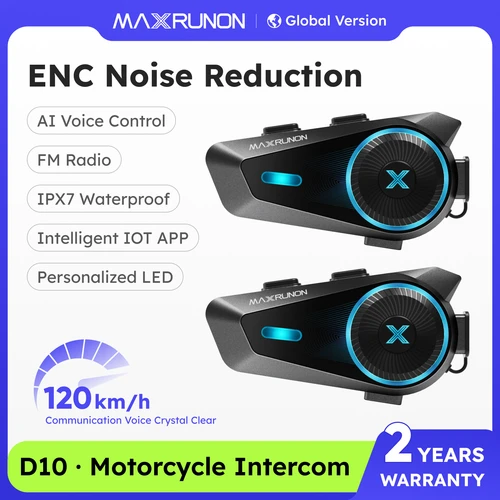 Imagen 1 del producto MAXRUNON D10 Intercomunicador para moto casco auriculares 4 conductors Moto grupo interfono aplicación AI Control de voz ENC IPX7 FM BT5.4 Instrucciones en español, Voz offline y podcasting en español