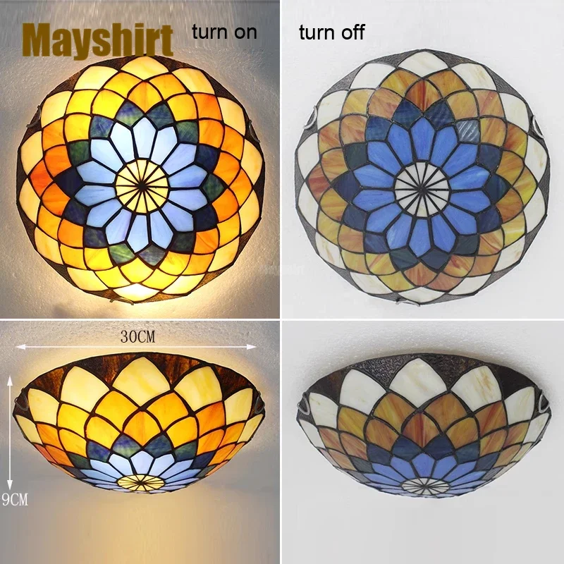 Tiffany Ceiling Lights Vintage Mediterranean Baroque Ceiling Lighting Retro Stained Glass Hanging Lamp Living Room Stairs Decor