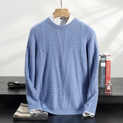 New Best Selling Cashmere Sweater Men's Thick Round Neck Big Twist Long Sleeve Sweater Jacquard Leisure Cashmere Sweater Top