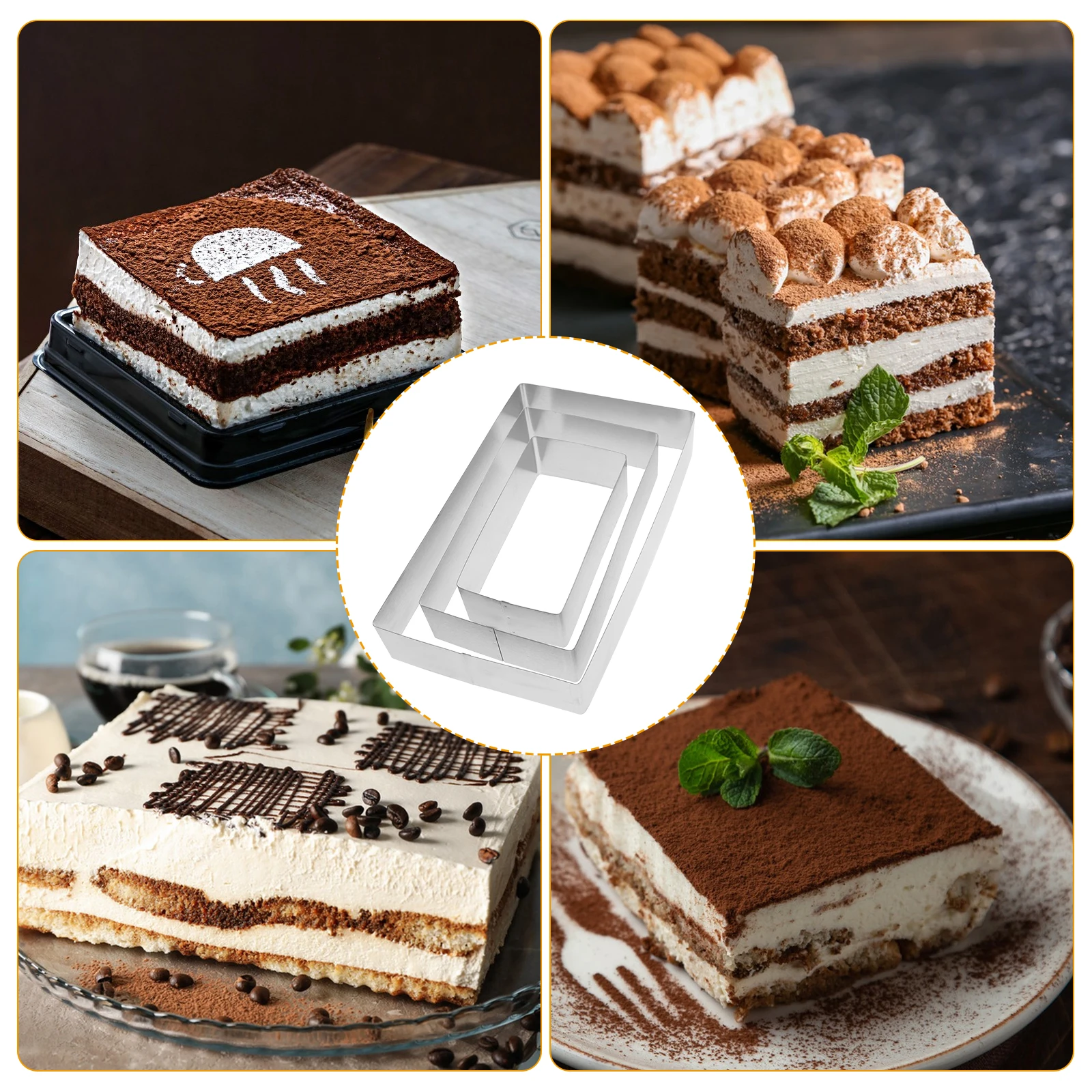 

3pcs Cake Mold Stainless Steel Mousse Ring Rectangular Tiramisu Cutter Baking Tool For Pastry Cheese Fondant Reusable