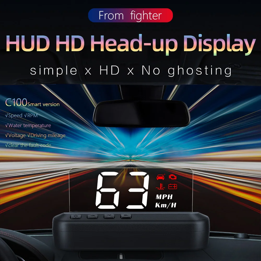 HD C100 OBD2 HUD Mirror Car Head Up Display EOBD Driving On-board Computer Speedometer Fuel Consumption KMH MPH Head-Up Meter