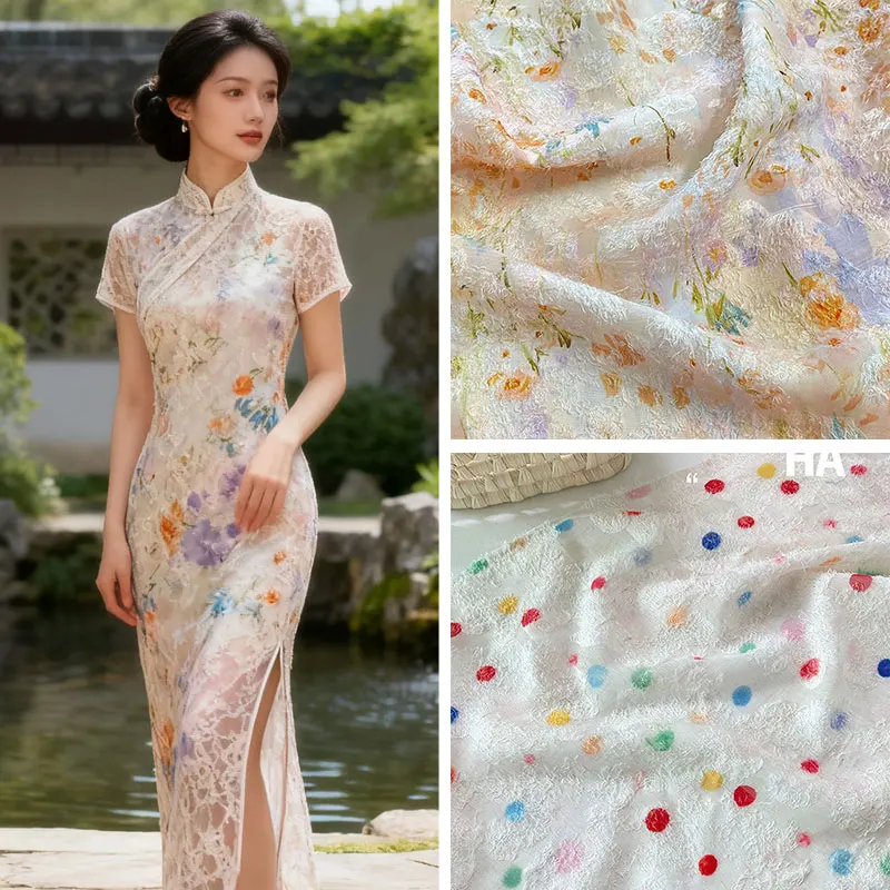 

1 Yards Retro Watercolor Flower Tassel Chiffon Jacquard Fabric DIY Sewing Dress Cheongsam Digital Printing Designer Fabric
