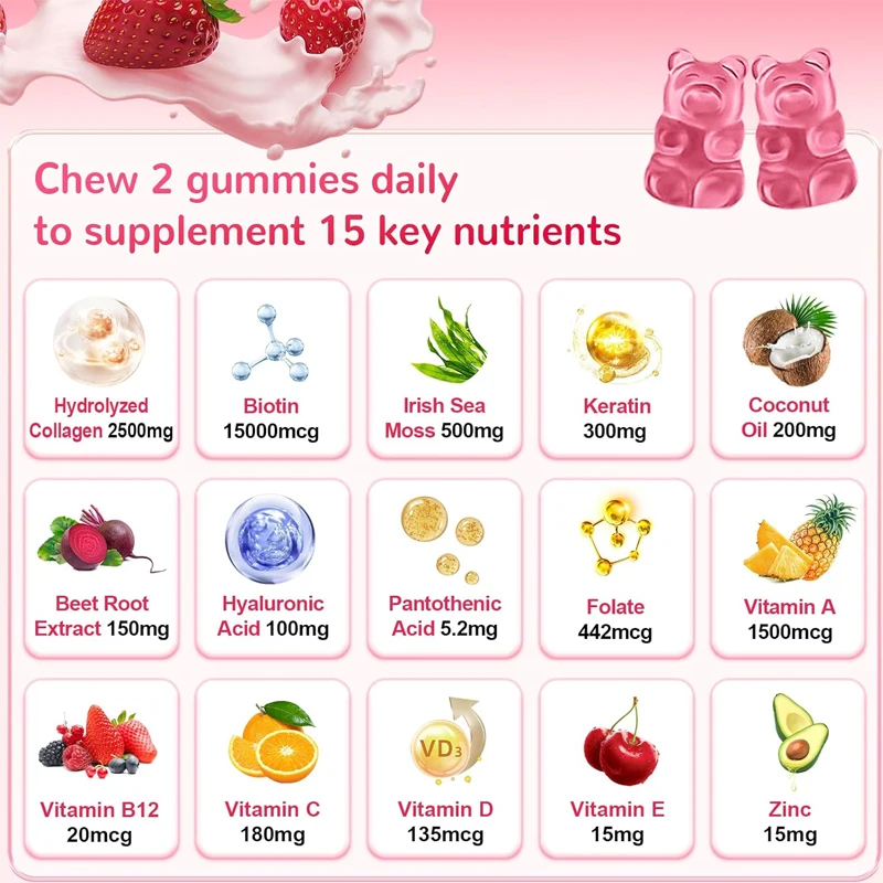 Gummies kolagen bebas gula, mengandung biotin, rumput laut, vitamin C, seng, untuk rambut, kulit, kuku, otot, dan persendian-60 Kapsul