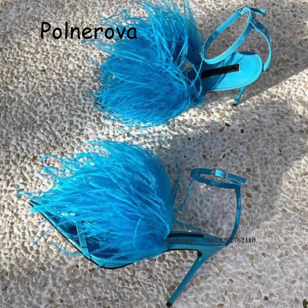 Solid Feather Sandals Pointed Toe Women's Shoes Thin High Heels Summer Party Sexy Catwalk Buckle Front Strap Fashion Luxury Shoe