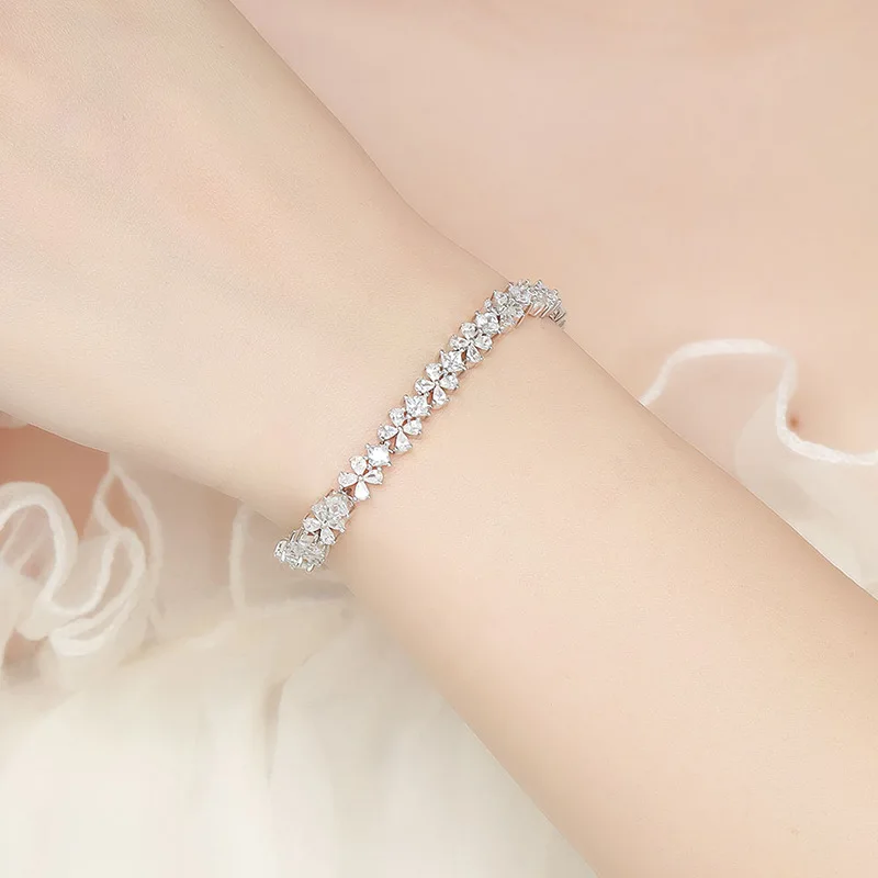 S925 Sterling Silver 6.2mm 5A Zircon Clover Chain Bracelet for Women Girls Cubic Zirconia White Gold Plated Link Bracelet Party