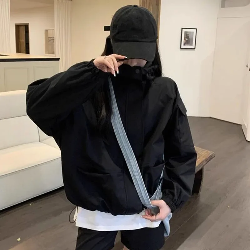 Korean Style Hooded Outdoor Jackets Women Casual Loose Cycling Hiking Sports Outwear Female Drawstring Streetwear Cargo Coat