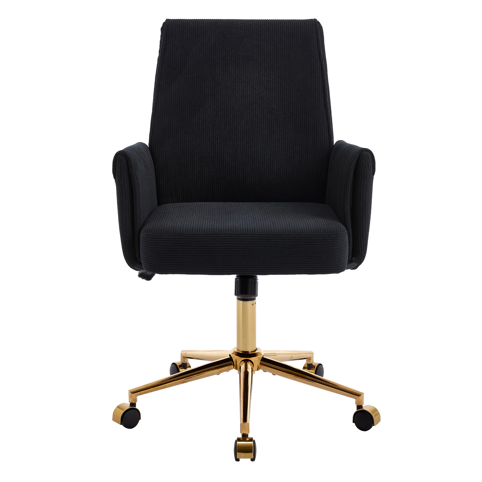 Ergonomic Mid-back Office Chair, Striped Fabric Desk Chair with Memory Foam & Gold Metal Base, S-Curve Lumbar Support Swivel Task Chair, Black