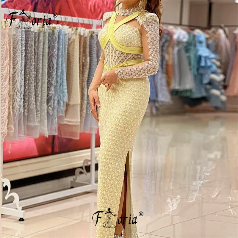 Sparkly Beads Sequin Yellow Long Sleeve Formal Occasion Dress Dubai Slit Mermaid Evening Party Gown Plus Size robe de soirée