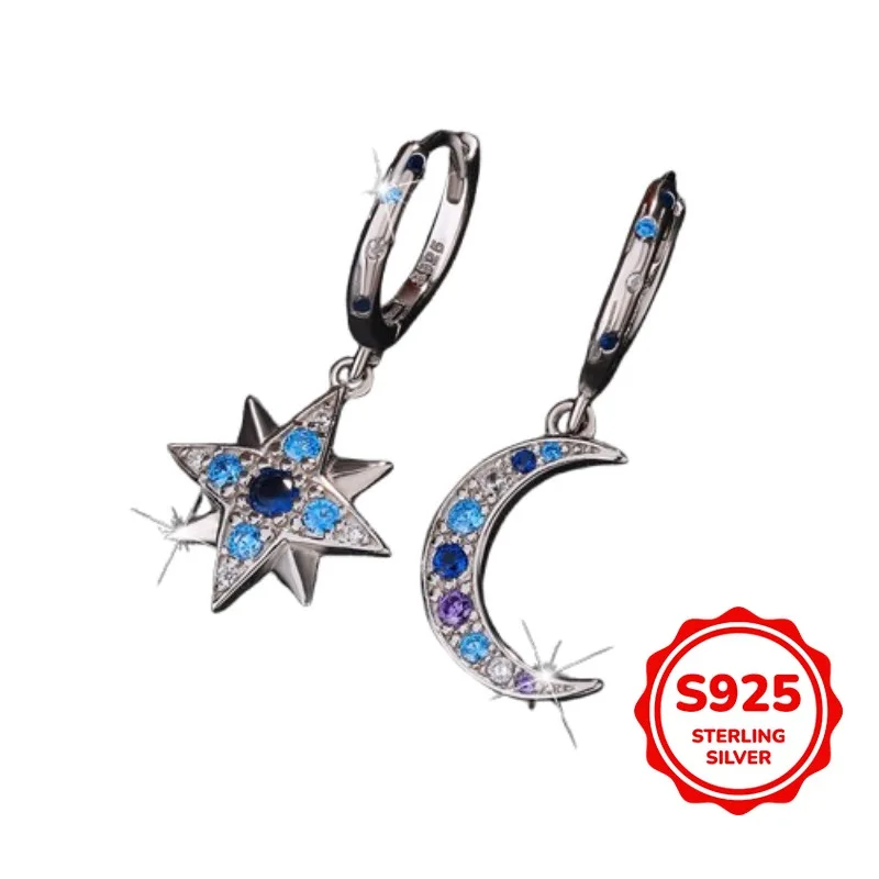 

Trendy and Cool Personalized Authentic S925 Silver Blue Irregular Stars and Moon Ring Earrings