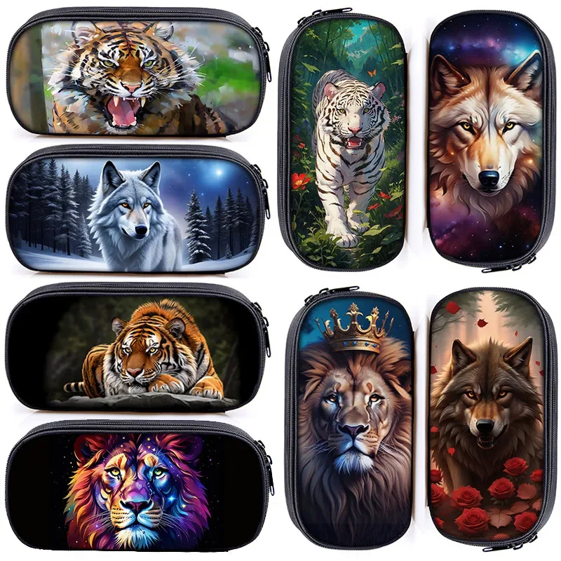 Estuche de lápices con pintura de León con corona, lobo de nieve, tigre colorido, bolsas de cosméticos para adolescentes, estuches escolares para mujeres, suministros