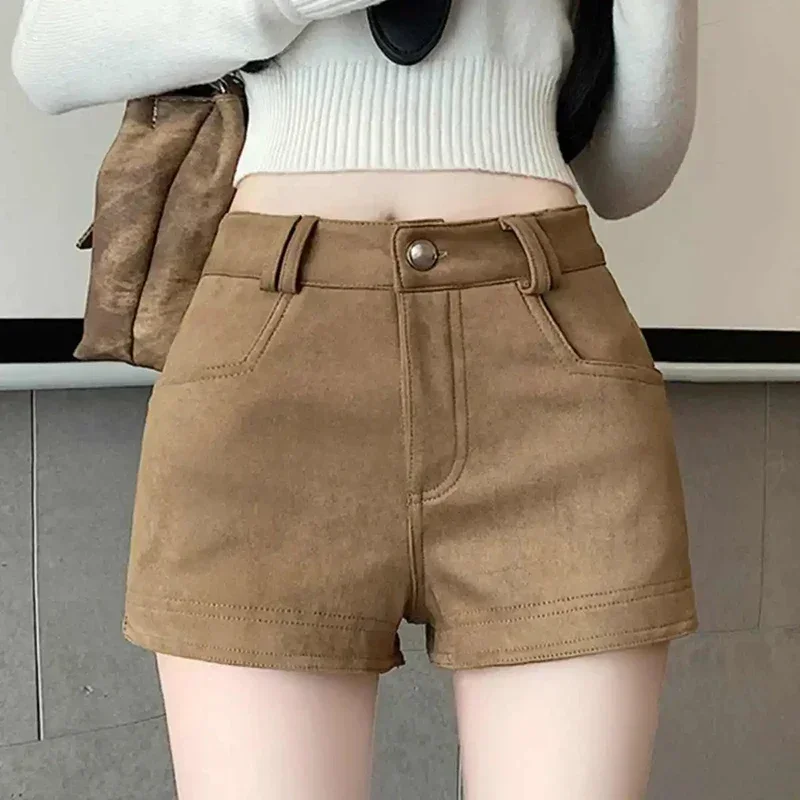 

Khaki Suede Shorts Women Spring New High Waist Slim Casual Female Shorts Y2K Korean Streetwear All Match Hot Girls A Line Shorts