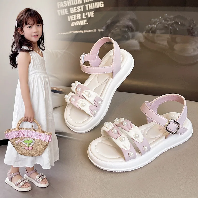 

2025 Children's Sandals for Girls Shoes for Kids Summer Soft Flat Heels Beach Princess Sports Sandals Fashion Beaded Shoe 26-37