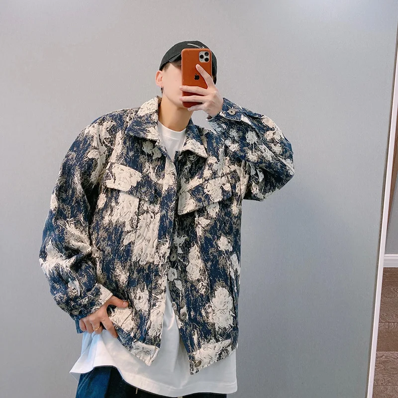 Fried Street Blue White Oil Painting Denim Coat Male Spring Autumn Port Style Hiphop Jacket Fashion Tide Luxe Senior Feeles Tops