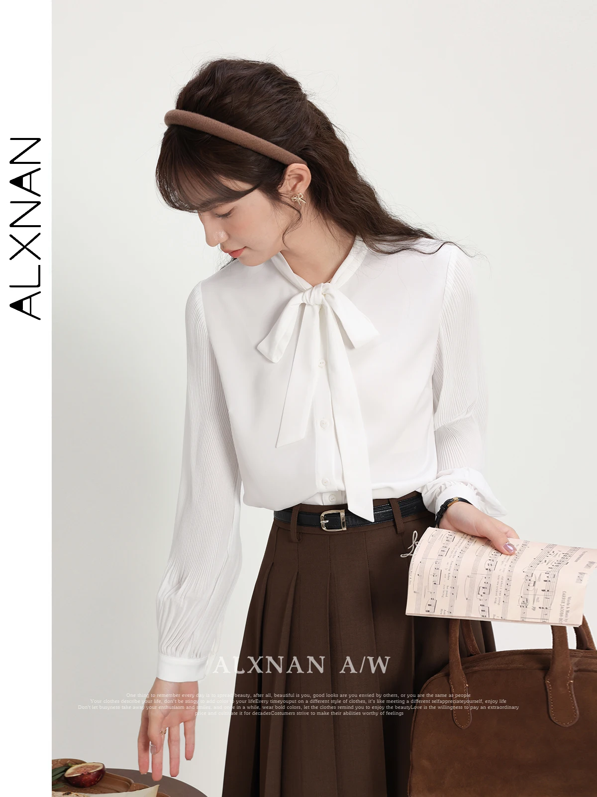 Alxnan Witte Knoop-Up Shirts Voor Vrouwen 2024 Lente Herfst Lange Mouw Blouse Strik Elegant Temperament Kantoor Lady Tops Lxn31757