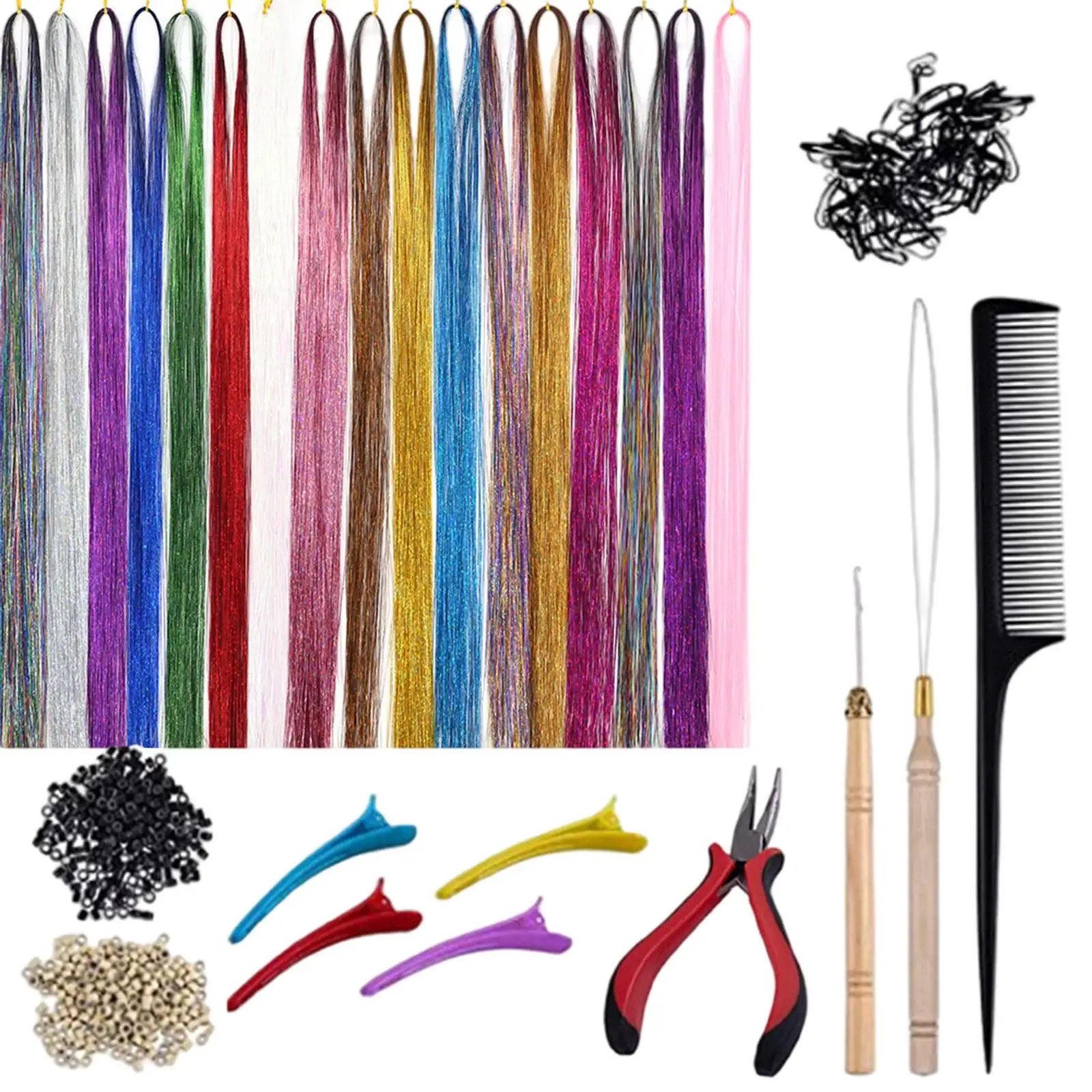 

Hair Extension Tinsel Kit Glitter 200Pcs Rings Beads Multi-Color for Cosplay Hair Styling New Year Christmas Women Girls