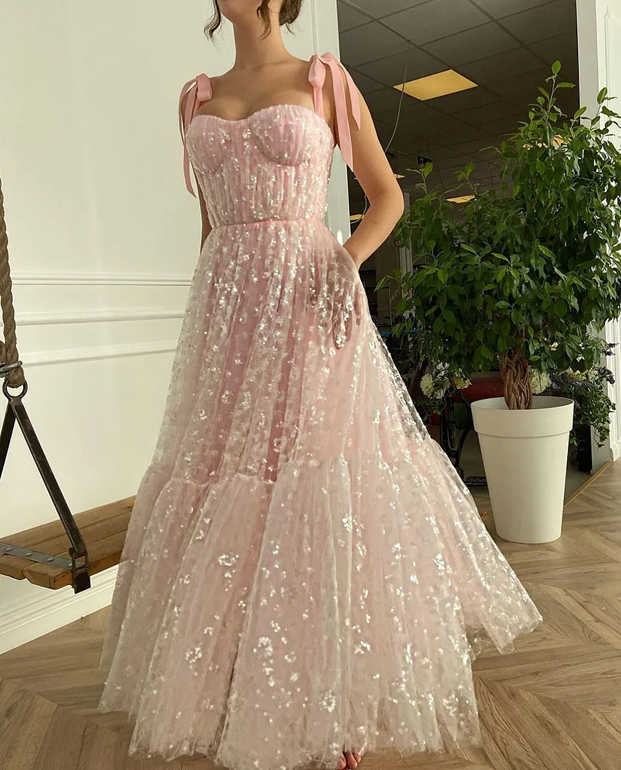 

2025 Pink Hearty Spaghetti Straps Prom Dresses Evening Dresses Tea-Length Wedding Party Dresses Customized