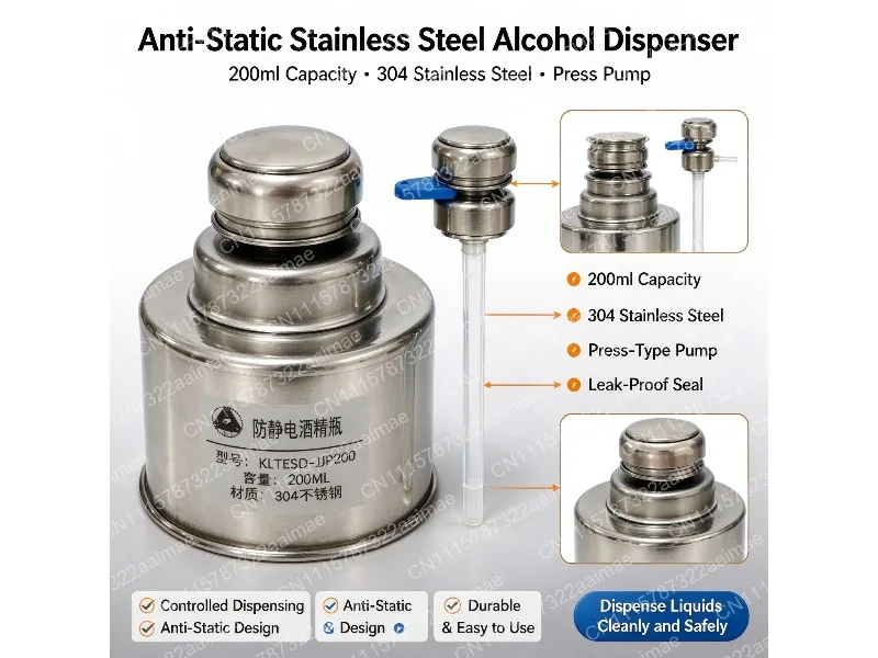 200ml Stainless Steel Anti-Static Alcohol Dispenser ESD-Safe Push Pump Container for Electronics Workshop