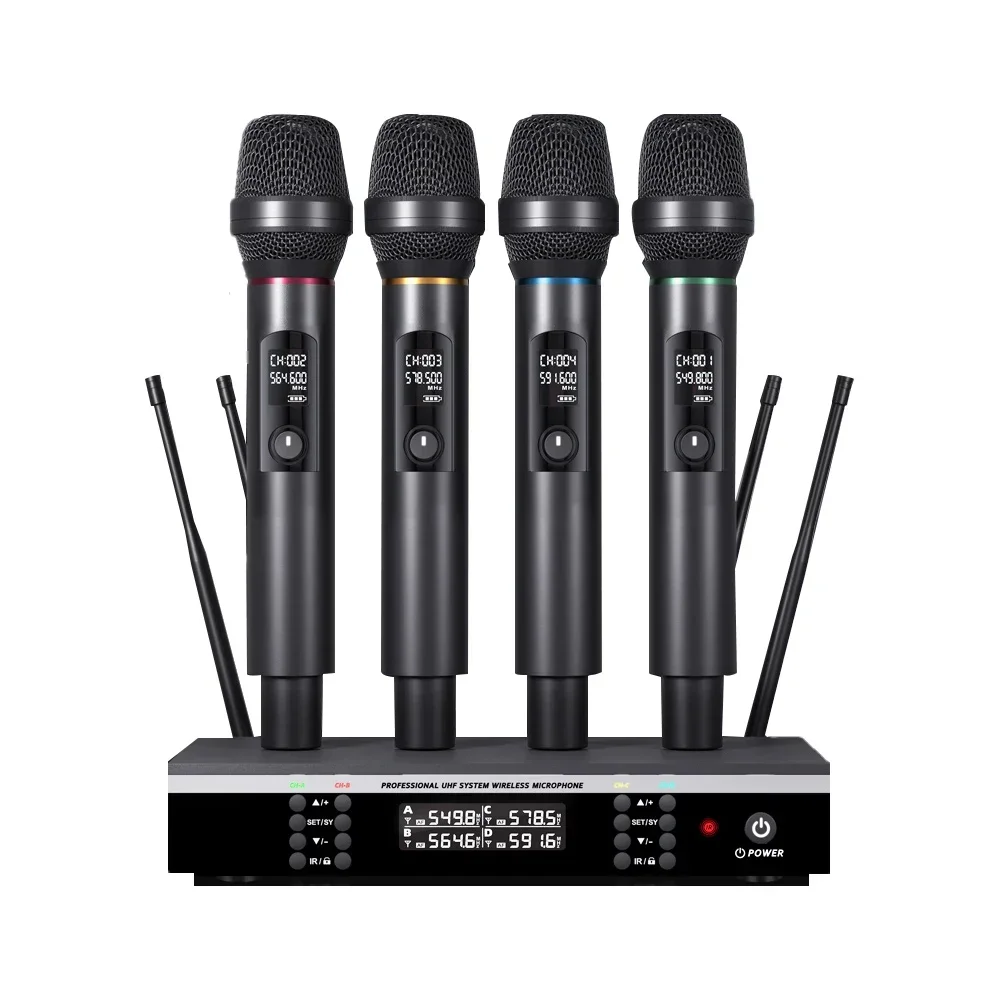 

New Arrival High Fidelity Professional Speech Singing Microphones FM Studio 4 Channels Karaoke UHF Wireless Microphone System