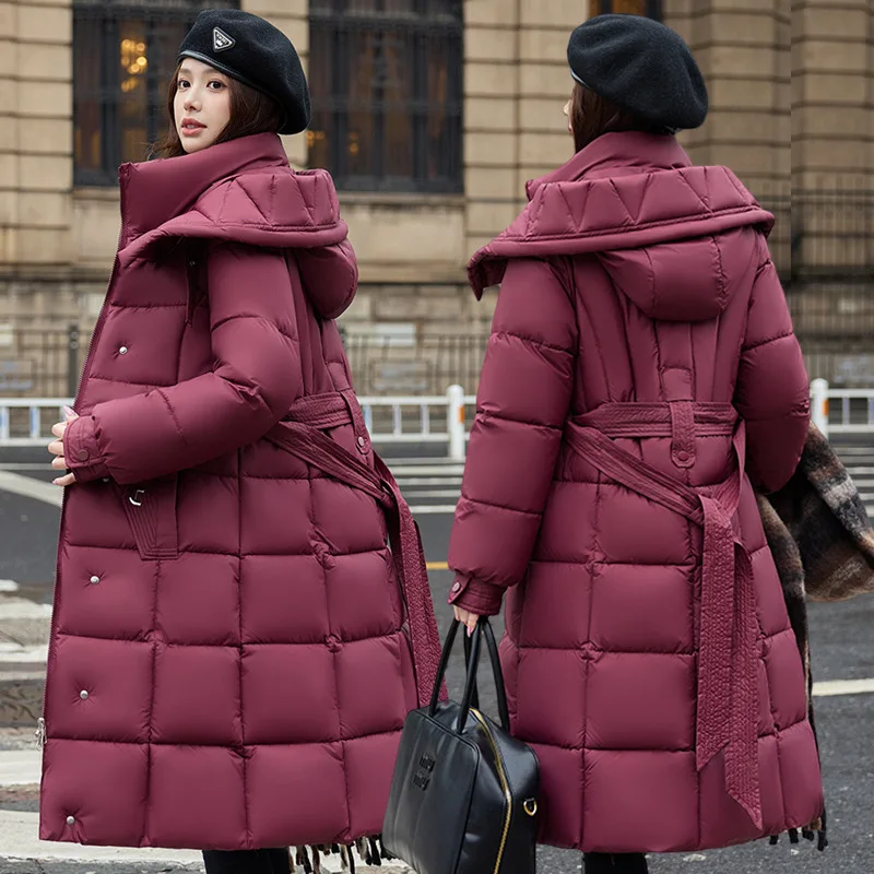 Women Parkas Coats Solid Hooded Jackets Zipper Pocket Waist Cinching Long Sleeves Longline Thick Office Lady Casual 2025 Winter