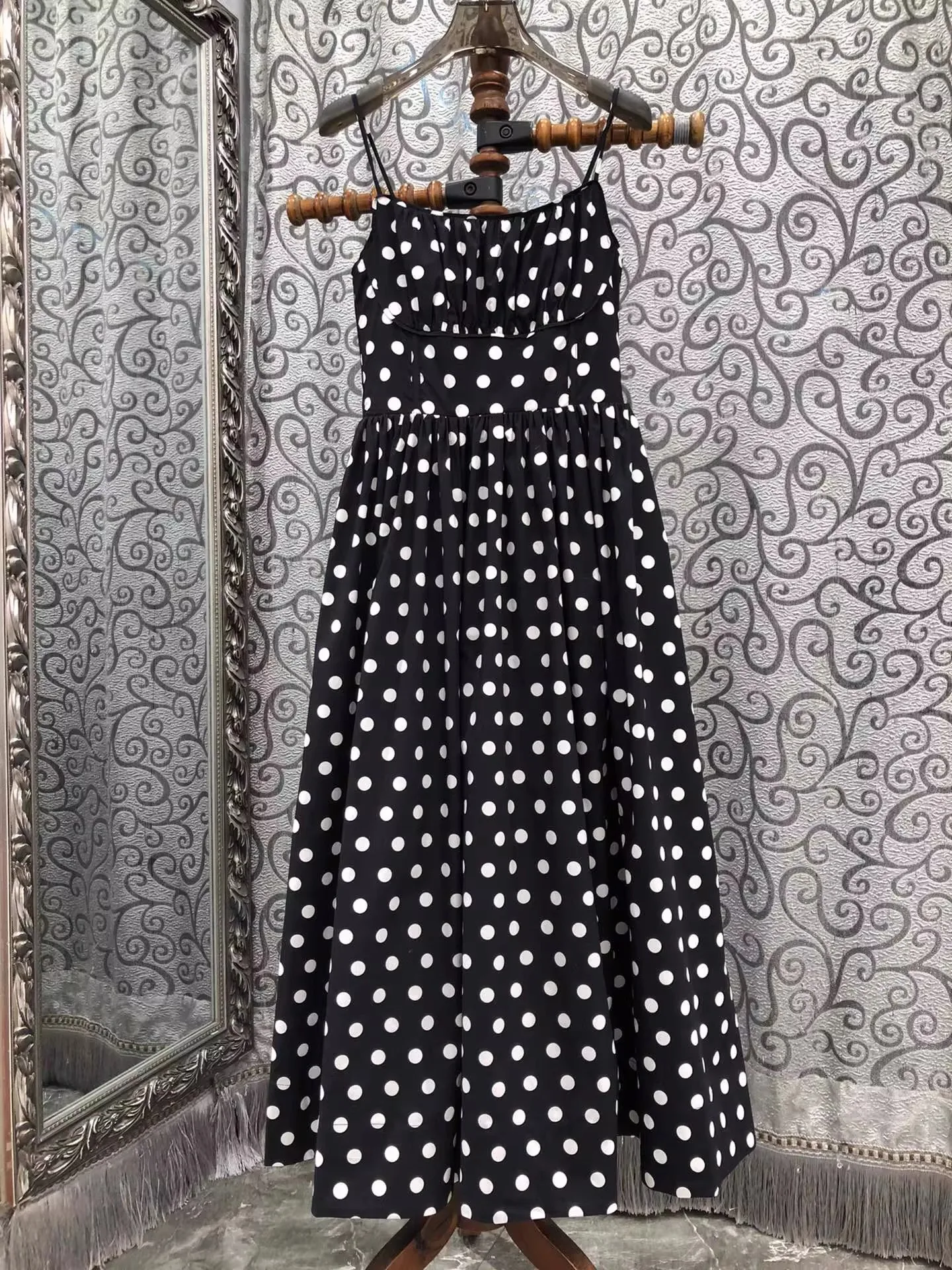 

100%Cotton Long Dress 2026 Summer Fashion Lady Sexy Spaghetti Strap Polka Dot Prints Sleeveless Long Party Black Maxi Dresses