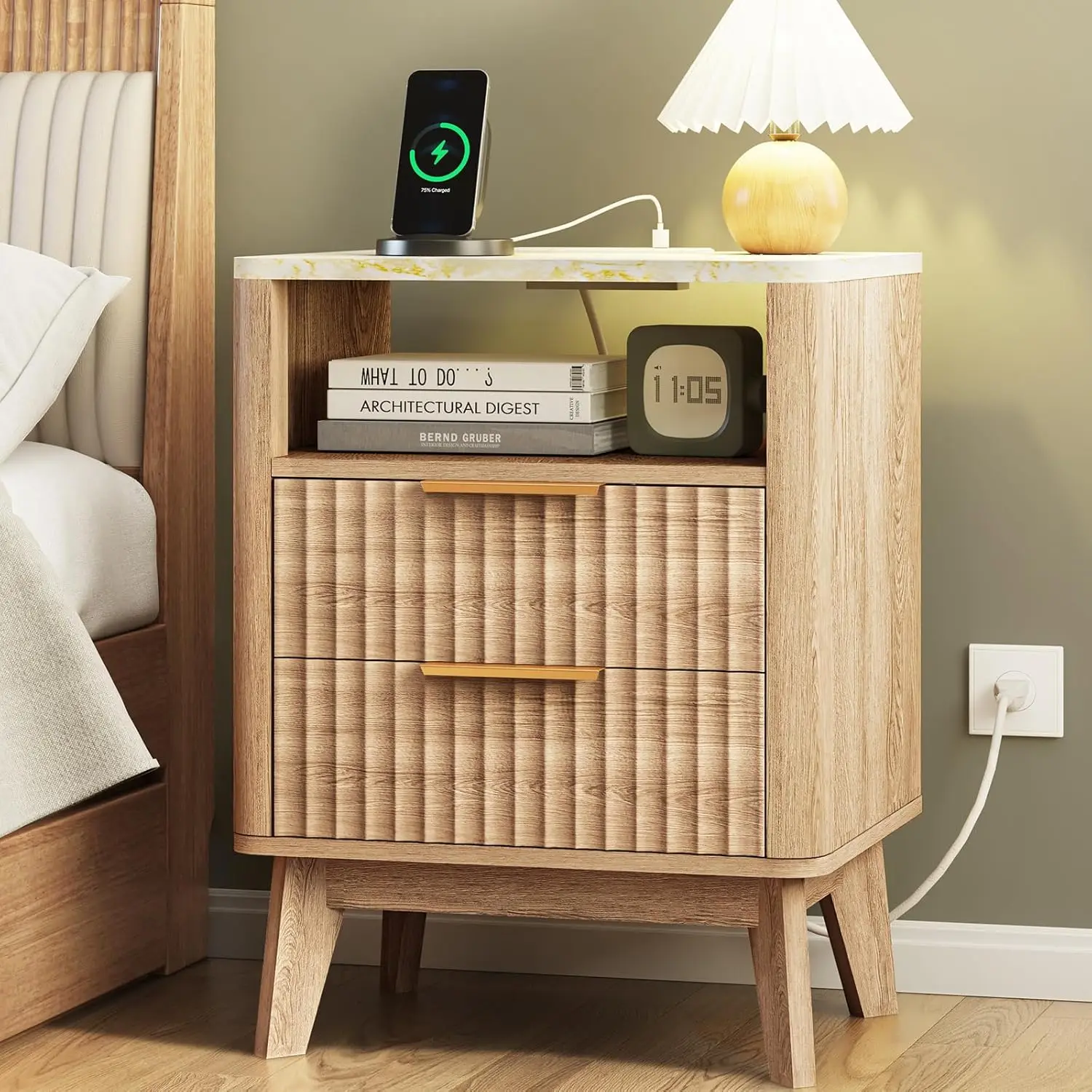 

Fluted Nightstand with Charging Station, Large Side Table with 2 Wood Drawers, Mid Century Modern Bedside Table, Faux Marble Top