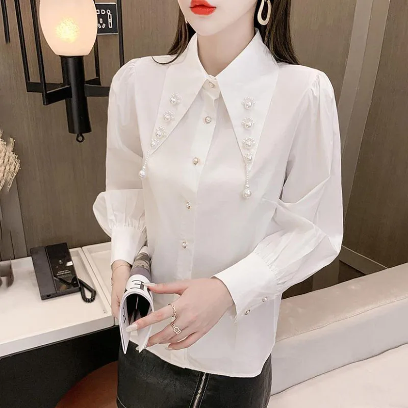 2025 Spring Autumn New Doll Pointed Collar Women's Shirt Elegant Sweet Loose Chic Bubble Long Sleeve Shirts Tops