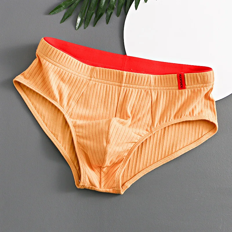 Men's convex bag triangular pants, youth comfortable breathable striped underwear, solid color elastic soft underwear