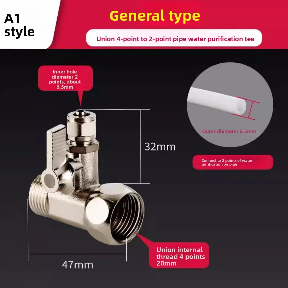 Feed Water Adapter Valve 1/2x1/4 Inch Shut-Off Ball Valve for RO Reverse Osmosis Water Purifier, Copper T Valve Diverter Fitting