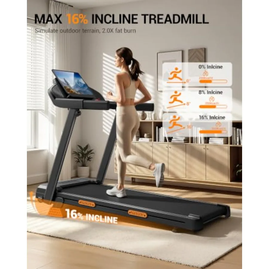Home use treadmill with 16 incline, steel frame, black finish, triple LED display for speed/incline/time