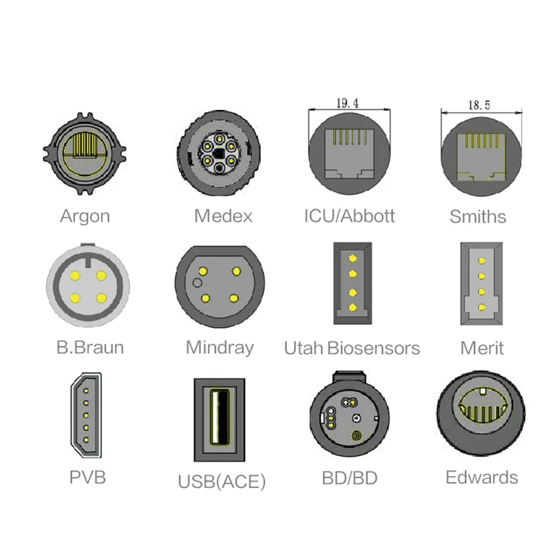 مناسبة لكابل ضغط الدم الغازي Marquis GE11-pin IBP، والنقل إلى Beida/Braun وكابلات استشعار الضغط الأخرى