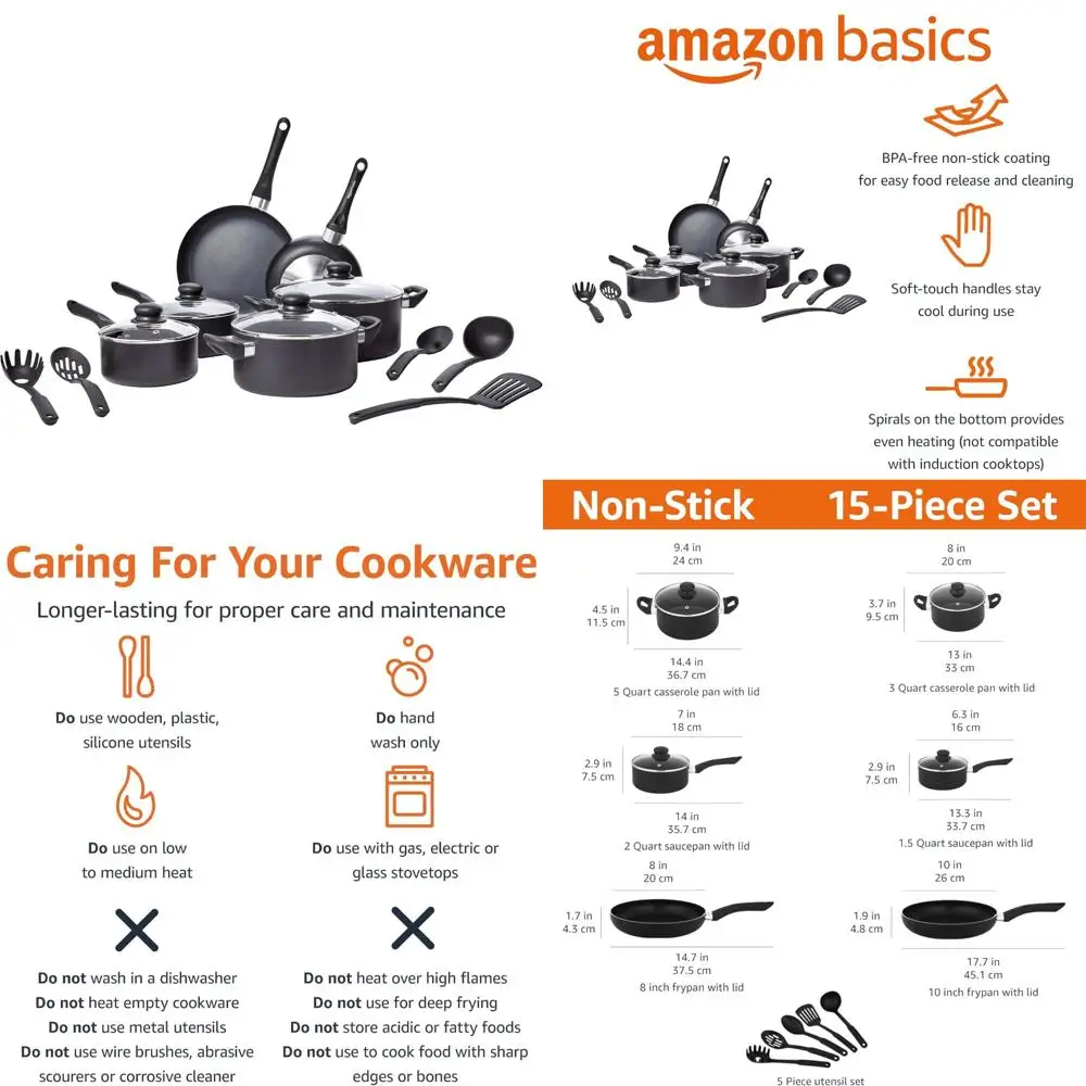 

Набор кухонной посуды с антипригарным покрытием, набор из 15 предметов, без индукции, входят кастрюли, сковороды и посуда, черный