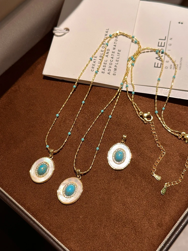 Natürliche Türkis Oval Shell Anhänger Gold Farbe Kette Halskette Sexy Schlüsselbein Kette Trendy Schmuck Zubehör Für Frauen 2023 – Detail 7