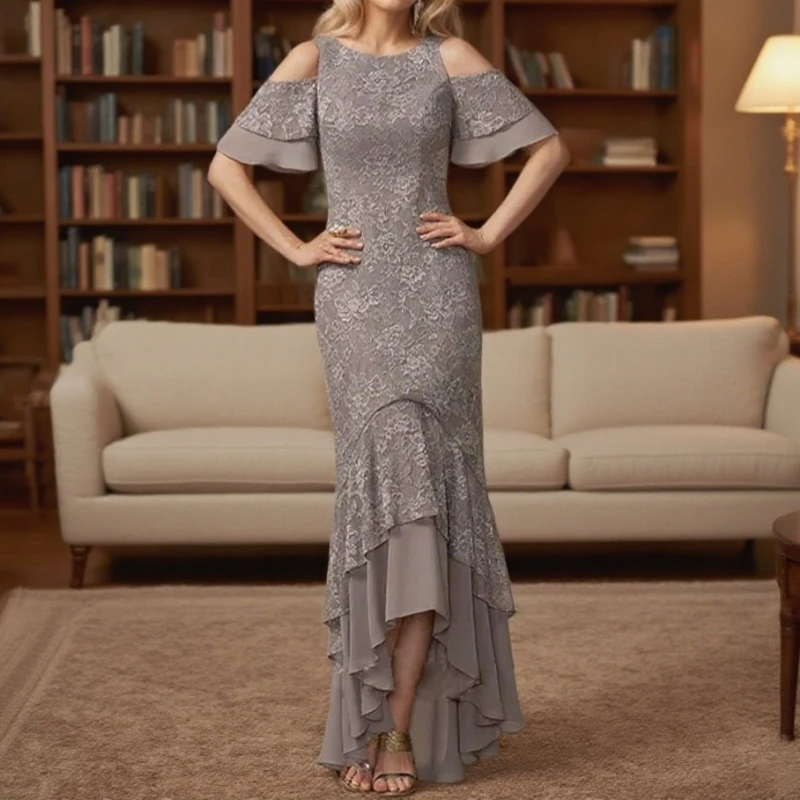 

Asymmetrical Lace Mother of the Bride Dresses Mermaid Chiffon Long Exquisite Party Gowns Customized