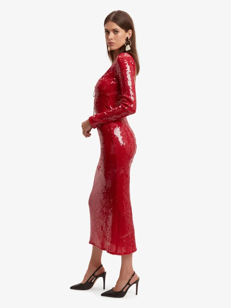 Sexy Hollow Out Backless Lace-up Long Sleeves Sequin Dress Women Red Sequins Slim Midi Dresses Evening Party Cocktail Gowns