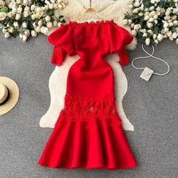 Elegant Sexy High Waist Lace Ruffle Slash Neck Puff Sleeve Dress Vacation Vestidos Slim Women Party Ceremonial Trumpet Dress