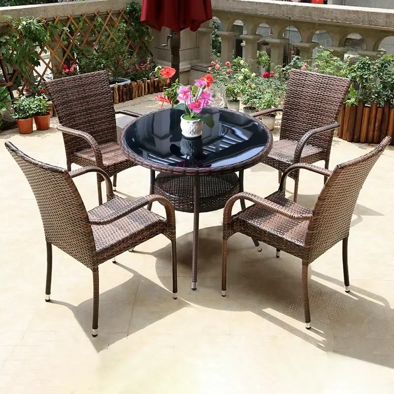 Small Metal Rattan Coffee Table 4 Chairs Patio Furniture Set Outdoor Terrace Balcony Plastic Wicker Low Price